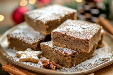 Close-up of Chocolate Brownies with Powdered Sugar and a Snowflake Design