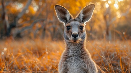 Fototapeta premium Majestic red kangaroo standing in the dry grass at sunset in the australian outback, gazing alertly at the camera. Highlighting the beauty of australia's wildlife