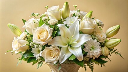 Obraz premium Elegant arrangement of fresh white roses, lilies, and carnations, delicate petals and lush greenery, against a soft creamy background.