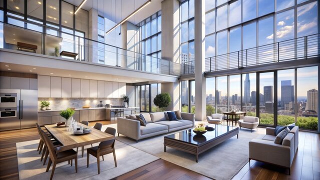 Expansive contemporary living space features sleek kitchen, soaring ceiling, and floor-to-ceiling windows flooding the luxurious duplex apartment with natural light.