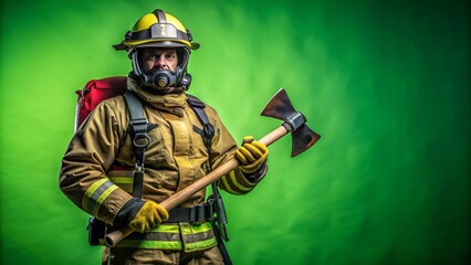 Ready for emergency response, firefighter in full gear with axe and helmet stands against a green screen backdrop alone.