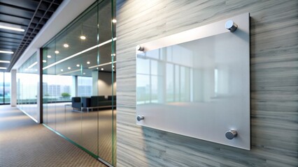 Modern minimalist blank glass nameplate design mockup on wall near office entrance interior with clear printing sign board for branding.