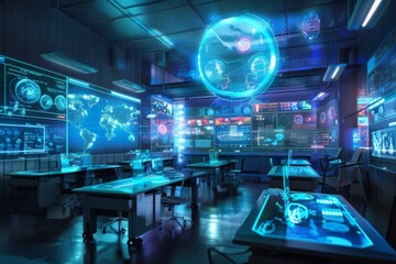 Futuristic Control Room with Holographic Displays