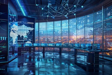 Futuristic Control Room with City View
