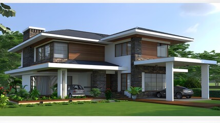 Modern Two Story Home Design With Stone And Wood Facade