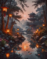Obraz premium A serene Asian style illustration with foggy mountains and trees.