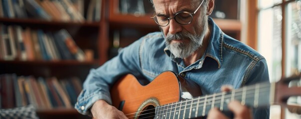 Middleaged man learning to play guitar, musical adult education