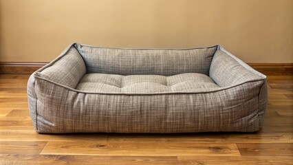 Sturdy, rectangular dog bed with thick, textured fabric and bolstered sides, sitting on a hardwood floor against a cream wall.