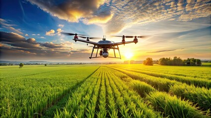 Fototapeta premium Agriculture monitoring drone flying over a green field during daylight, agriculture, monitoring, drone, technology