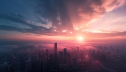 Sunrise over a foggy cityscape, with clouds and a vibrant sky.