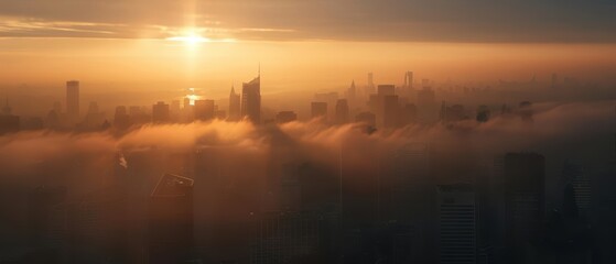 Fototapeta premium Cityscape bathed in golden sunlight with fog rolling in.