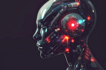 Futuristic robot head with neon lights perfect for advanced technology and sci fi themes showcasing modern design and innovation