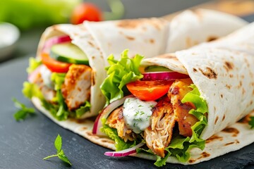 Closeup of a Delicious Chicken Wrap with Fresh Vegetables