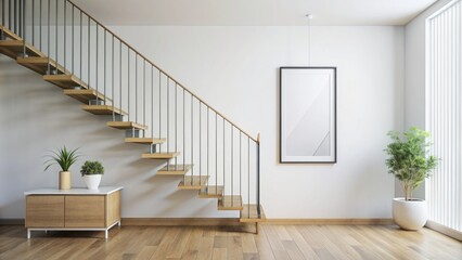 Minimally adorned staircase rises against pristine white walls, highlighting modern Scandinavian design, with a vertical blank frame awaiting customization.
