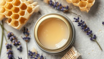 Honey and lavender balm in a metal tin,  natural skincare.