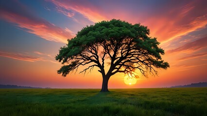 Fototapeta premium A serene silhouette of a lone tree against a colorful sunset sky, fantasy style 