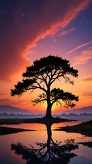Fototapeta premium A serene silhouette of a lone tree against a colorful sunset sky, fantasy style 