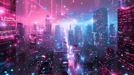 A cityscape with a pink and blue hue