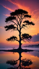 A serene silhouette of a lone tree against a colorful sunset sky, fantasy style 