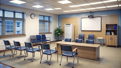 Fototapeta premium Empty police station interior with chairs, tables, and bulletin board in background.
