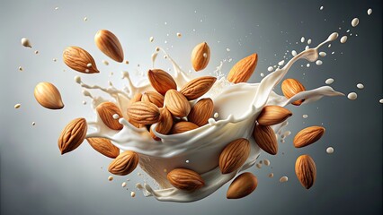 Exploding almonds with milky splash in vibrant render, almonds, explosion, milk splash, vibrant, render
