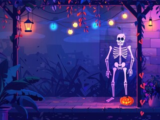 Halloween lights, eerie ambiance with skeleton decorations, flat design illustration