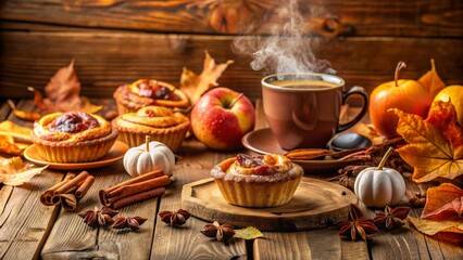 Fototapeta premium Autumnal still life with freshly baked sweet pastry, steaming cups, seasonal fruit, and aromatic spices on rustic wooden table.