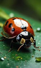 Fototapeta premium Close-up of a ladybug on a green leaf.