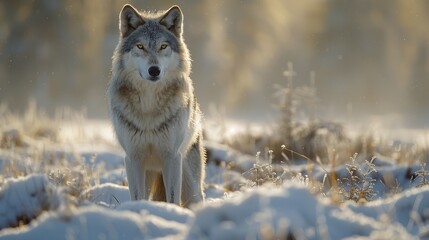 Lone grey wolf is standing in a snowy field, illuminated by the warm light of the setting sun