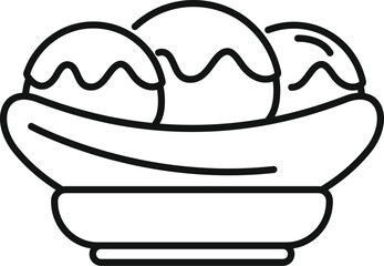 Simple line drawing of a banana split dessert being served on a plate