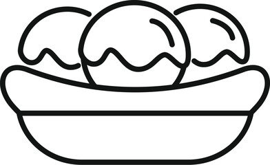 Line art icon of three delicious ice cream scoops lying in a cup forming a delicious dessert