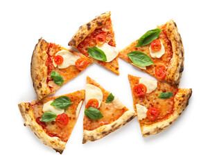 Pieces of tasty pizza Margarita with basil leaves on white background