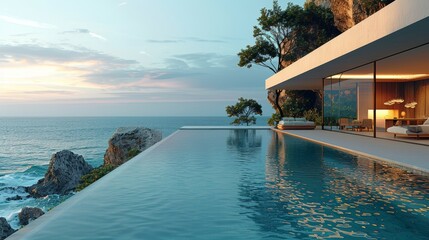Obraz premium Modern luxury villa with infinity pool is overlooking a tranquil ocean at sunset