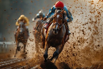 Fototapeta premium Horses and Jockeys Racing, Close-Up of Fast-Running Horses with Raised Legs, Dark Dusty Foggy Background, Jockey in Red Helmet on Brown Horse with Black Mane, Yellow Cap, Blue Uniform, Blurred Horse 