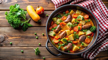 Vegetable stew with sausages simmering in a savory broth , hearty, comforting, homemade, meal, dinner, cooking