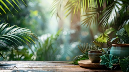 Fototapeta premium Tabletop scene with lush green amazon jungle plants and leaves in the background