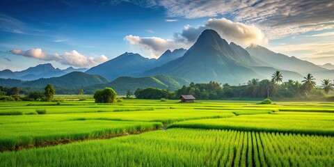 Fototapeta premium Scenic view of lush rice fields with mountains in the background, agriculture, landscape, serene, peaceful, green, nature
