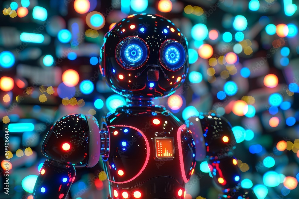 Sticker cute robot toy with neon lights perfect for playful settings and modern decor showcasing vibrant col