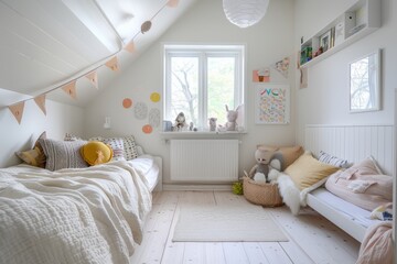 White and Yellow Nursery Interior Design with Two Beds