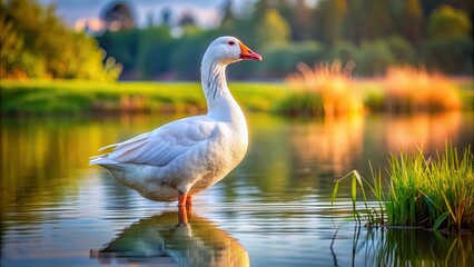 Obraz premium A close-up photo of a beautiful white goose standing gracefully in a serene lake setting, goose, bird, waterfowl, wildlife