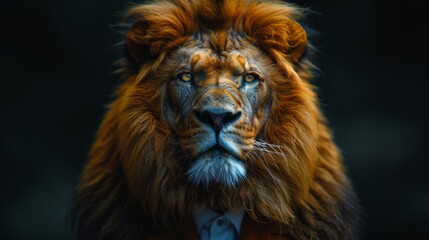 Fototapeta premium Portrait of a majestic lion with a flowing mane looking directly forward against a dark background