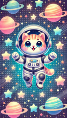 Naklejka premium Cute Astronaut Cat Floating in Space.