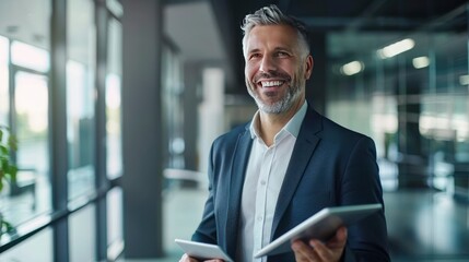 Happy middle aged business man ceo wearing suit standing in office using digital tablet. Smiling mature businessman professional executive manager looking away thinking working - generative ai