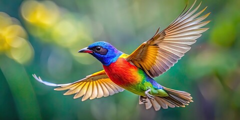 Fototapeta premium Vibrant close-up of a colorful bird in flight against a bright sky , bird, feathers, spread, colorful, vibrant, in flight, wings