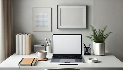 Minimalist Home Office Desk with Laptop, Notebook, and Coffee Cup.