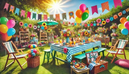 Obraz premium Festive Summer Picnic Table Setting with Balloons, Bunting and Flowers.