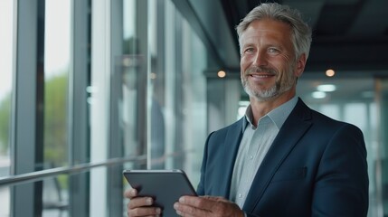 Fototapeta premium Happy middle aged business man ceo wearing suit standing in office using digital tablet. Smiling mature businessman professional executive manager looking away thinking working - generative ai