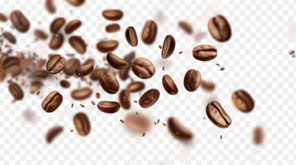 Falling realistic coffee beans isolated on a transparent background. Flying defocused coffee grains. Suitable for café advertising, packaging, and menu design. Vector illustration 