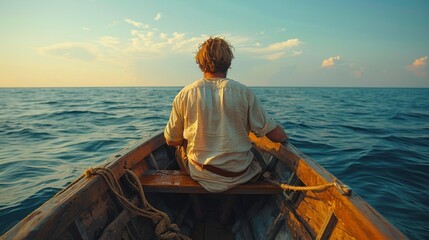 Fototapeta premium Man is enjoying a peaceful moment while sailing away in a small boat at sunset