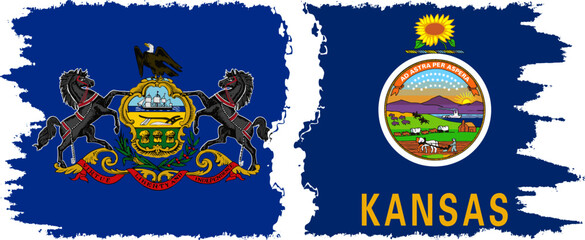 Kansas and Pennsylvania states grunge brush flags connection, vector